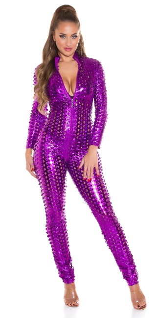wetlook catsuit with two way zip Purple
